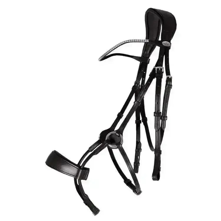 Black leather qhp sedna anatomical leather bridle with silver hardware and padded crown piece for comfortable riding
