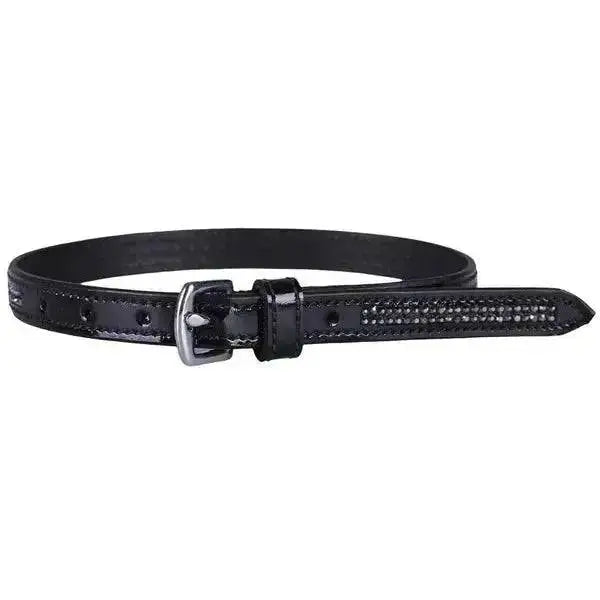 Black patent leather qhp spur straps las vegas junior with silver buckle and rhinestone-studded tip