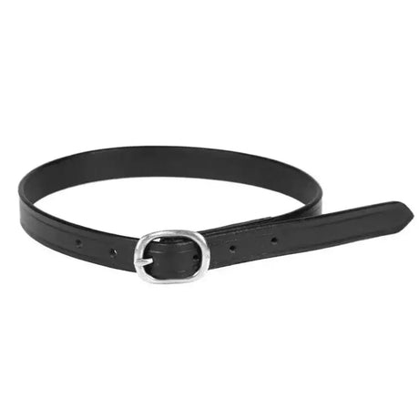 Black leather spur strap with silver rectangular buckle from qhp spur straps for secure riding use