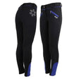 Back view of qhp winter ice zwart breeches black equestrian pants with purple accents and snowflake embroidery