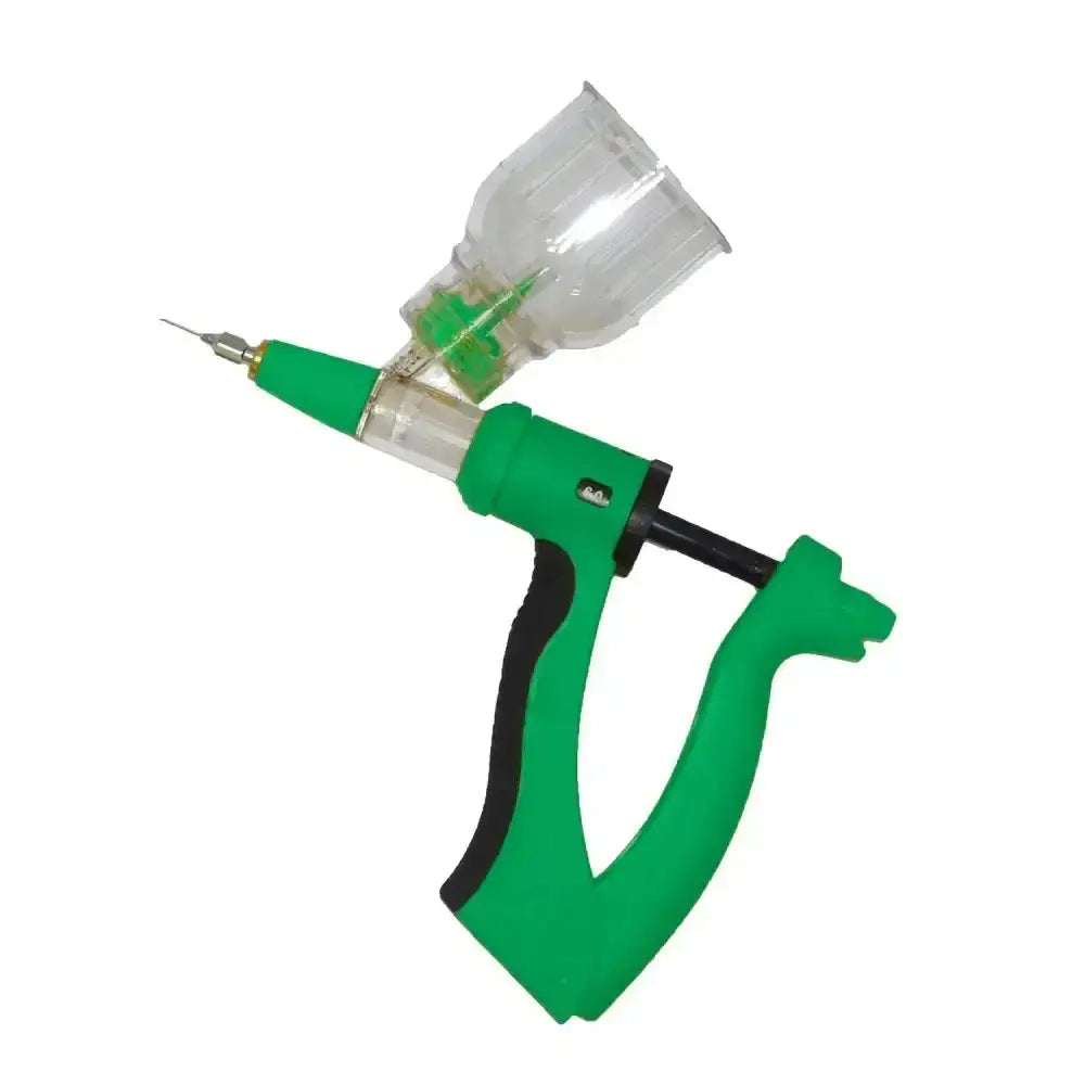 Green plastic qmv bottle mounted vaccinator with clear reservoir and comfortable black v-grip design for vets