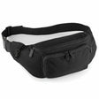 Black fabric quadra belt bag with multiple zippered compartments and adjustable strap for money waist pack use