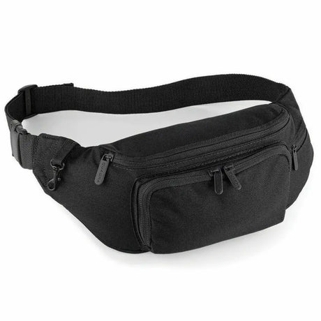 Black fabric quadra belt bag with multiple zippered compartments and adjustable strap for money waist pack use