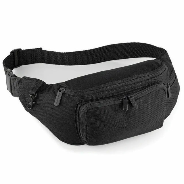 Black fabric quadra belt bag with multiple zippered compartments and adjustable strap for money waist pack use