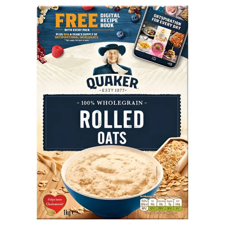 Quakers oats 1kg blue and white box of 100 percent wholegrain rolled oats with a bowl of cooked oats on the front