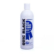 White plastic bottle of quic black shampoo with blue label and ribbon design for colour intensifying shampoo on black horses