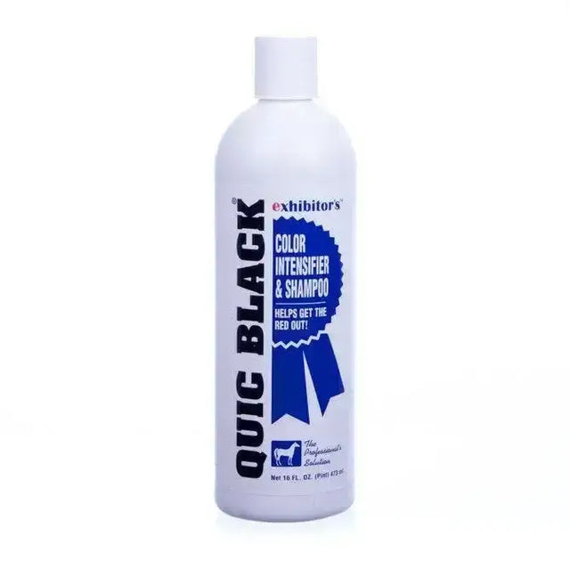 White plastic bottle of quic black shampoo with blue label and ribbon design for colour intensifying shampoo on black horses