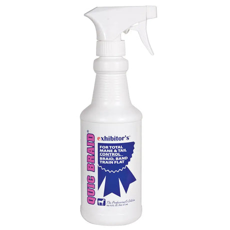 White plastic spray bottle with white trigger labeled exhibitor’s quic braid tail control spray for mane and tail