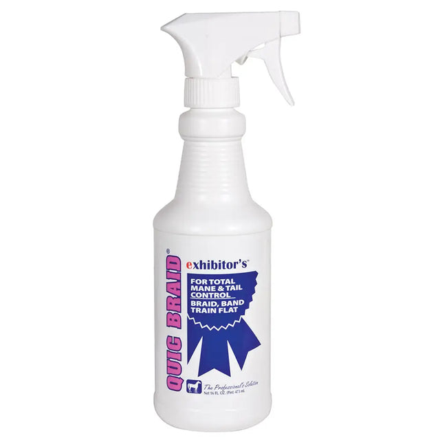White plastic spray bottle with white trigger labeled exhibitor’s quic braid tail control spray for mane and tail