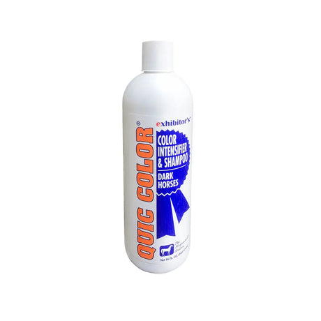 White plastic bottle of quic colour shampoo colour intensifying shampoo for dark horses and exhibitors