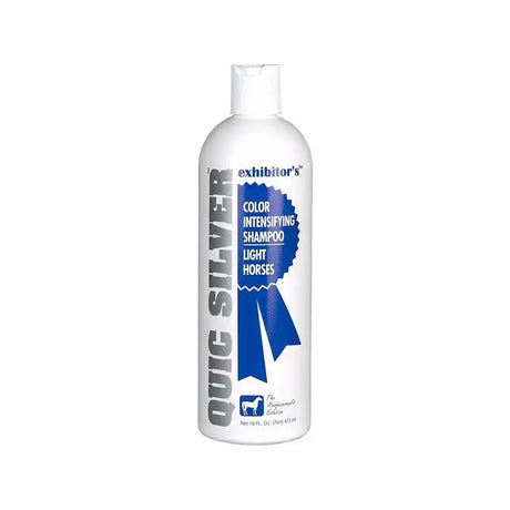 White plastic bottle of quic silver shampoo color intensifying shampoo with blue ribbon design for light horses