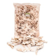 A clear plastic bag of pale pink and white rabbit ears fur 2kg pieces for equestrian use spilling out below