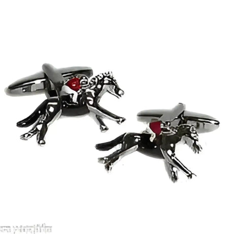 Silver race horse and jockey cufflinks with red heart accents perfect cufflinks gifts for horse lovers