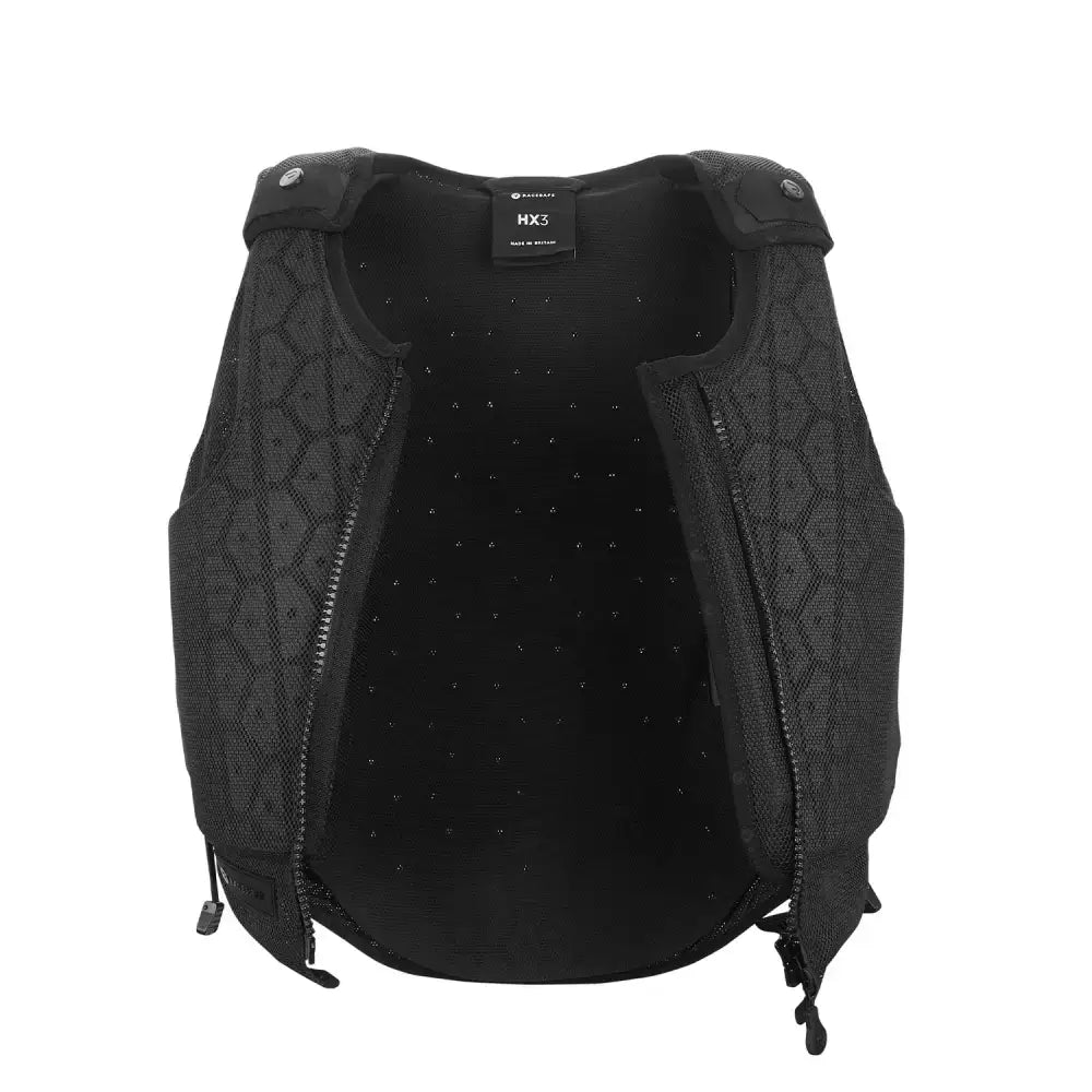 Black mesh-backed racesafe hx3 body protector young rider with hex pattern and adjustable straps for secure fit