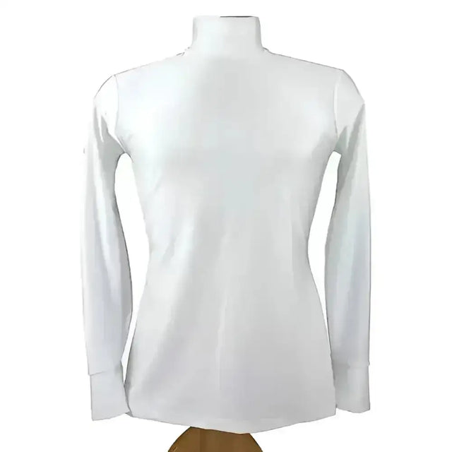 White long-sleeved turtleneck top displayed on a mannequin.