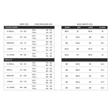Youth and adult size chart showing chest over shoulder and back length in cm for racesafe motion3 adult body protector black
