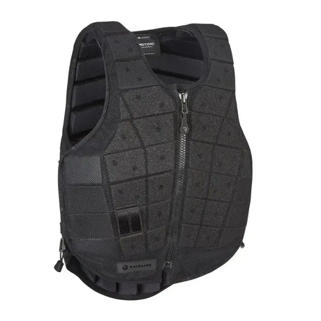 Black tactical vest with grid pattern and central zipper from racesafe motion3 adult body protector line
