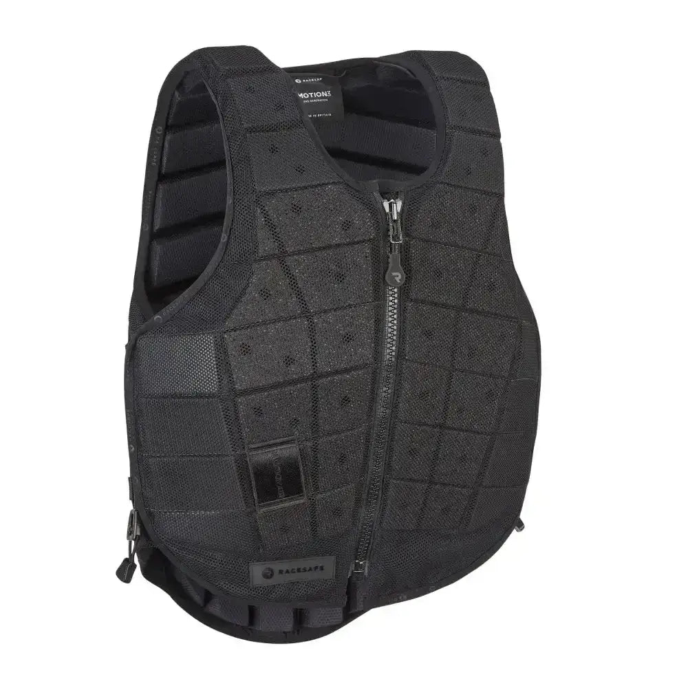 Black racesafe motion3 youth body protector with grid pattern, reinforced panels, and central zipper for young riders