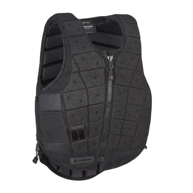 Black racesafe motion3 youth body protector with grid pattern, reinforced panels, and central zipper for young riders