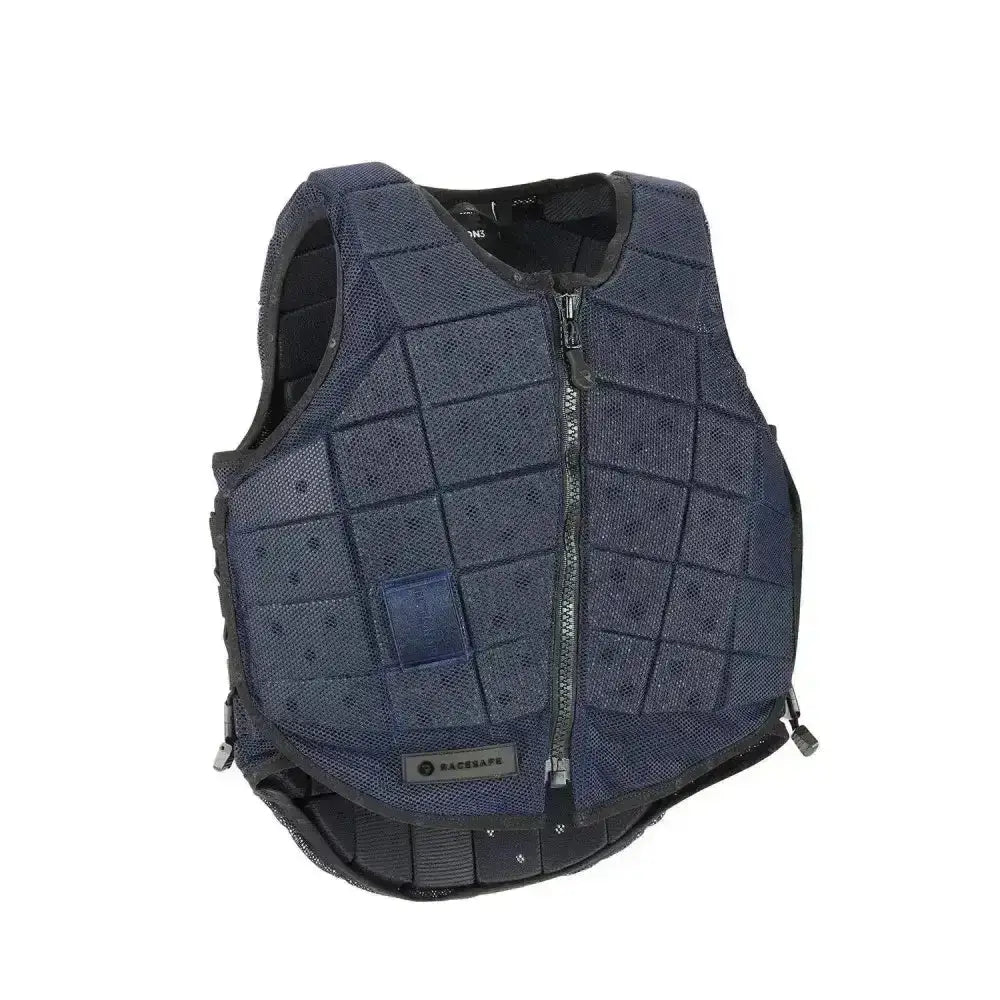 Dark blue mesh racesafe motion youth body protector vest with black padded straps and central zipper using innovative multi-foam technology