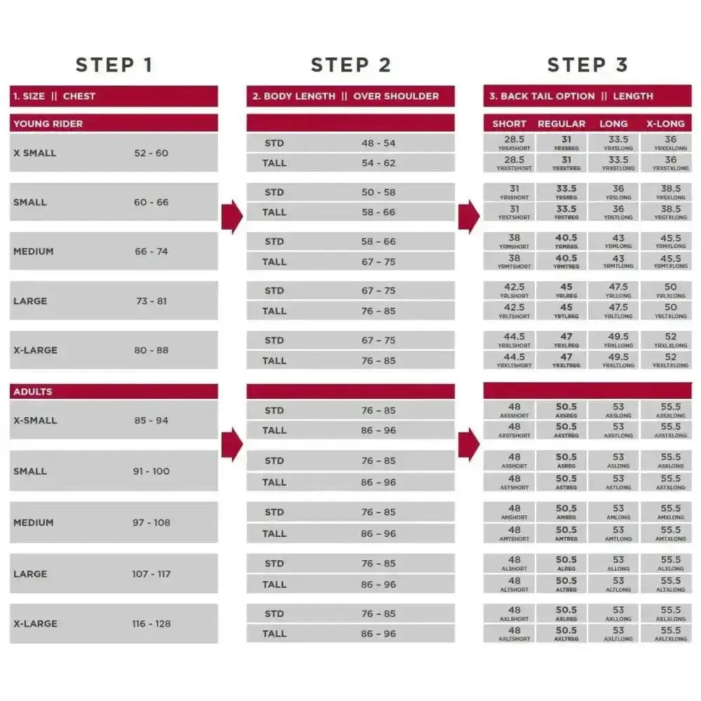 Detailed size chart for racesafe motion3 youth body protector navy showing chest and body length with multi-foam tech