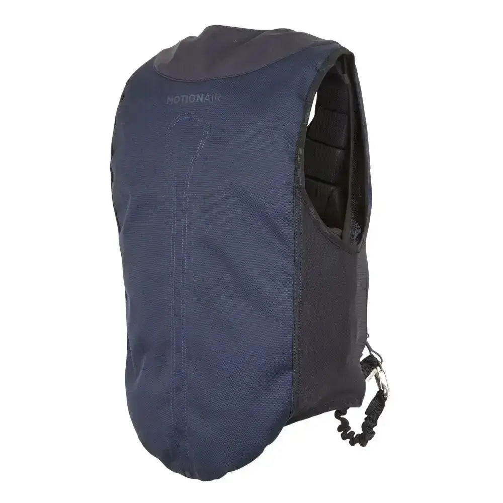 Dark blue and black racesafe motionair air jacket with padded interior and adjustable strap low-profile air jacket