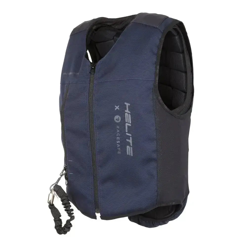 Dark blue and black racesafe motionair air jacket with reinforced padding and detachable leash attachment for safety