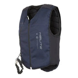 Dark blue and black racesafe motionair air jacket with reinforced padding and detachable leash attachment for safety