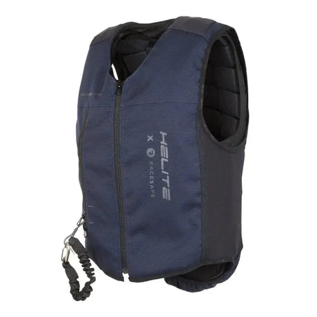 Dark blue and black racesafe motionair air jacket with reinforced padding and detachable leash attachment for safety