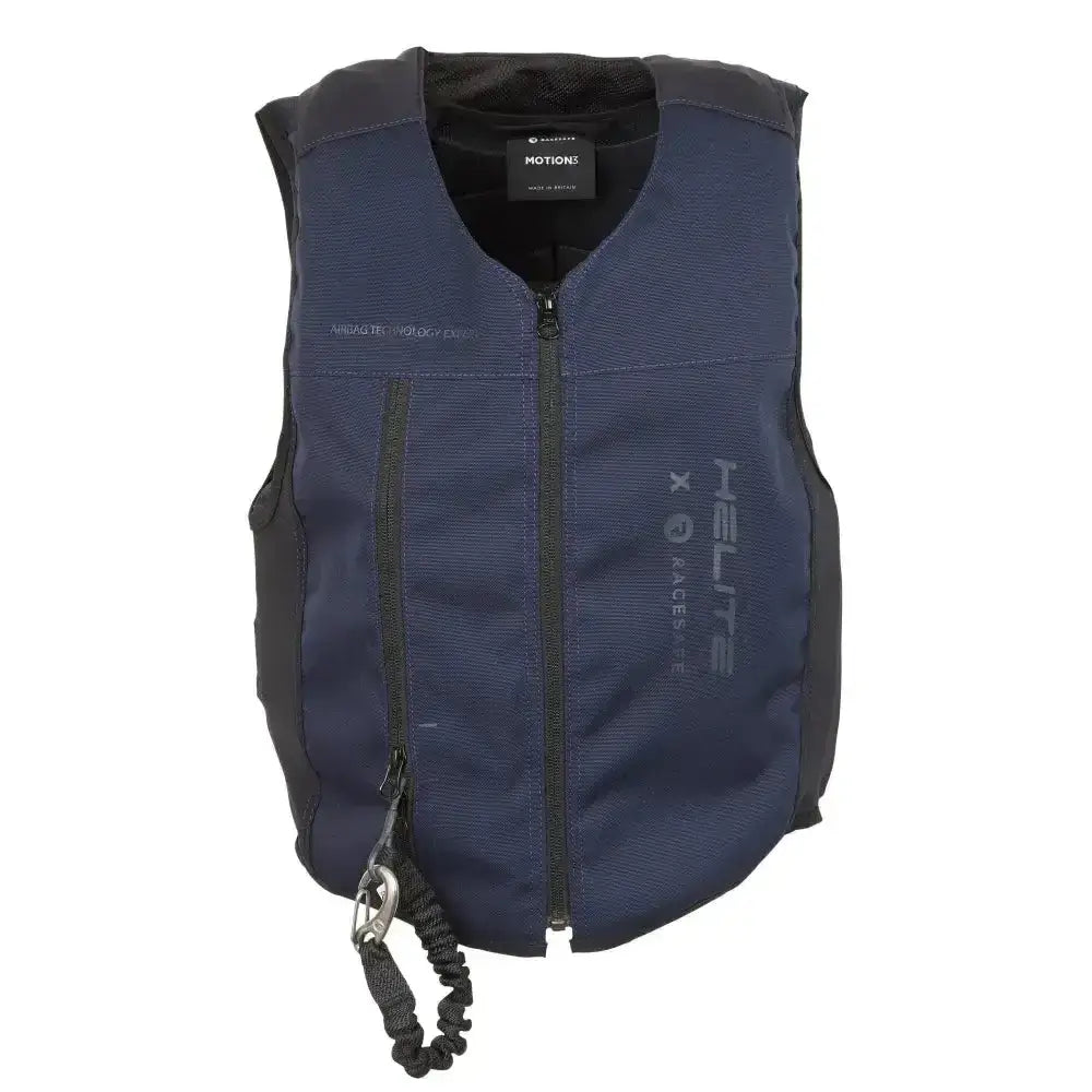 Dark blue and black racesafe motionair air jacket with helite x alabe low-profile textured fabric finish