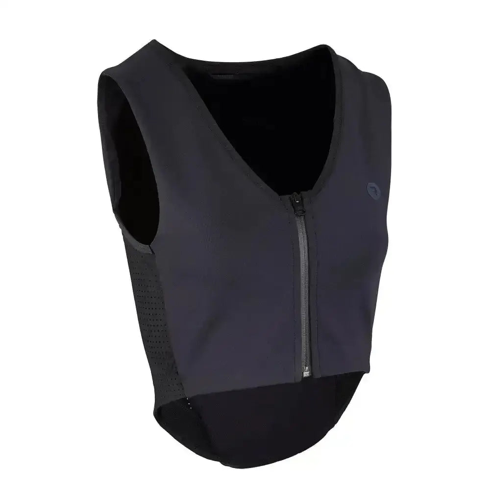 Back view of black and dark gray racesafe motionlite technical gilet with mesh panels offering lightweight protection