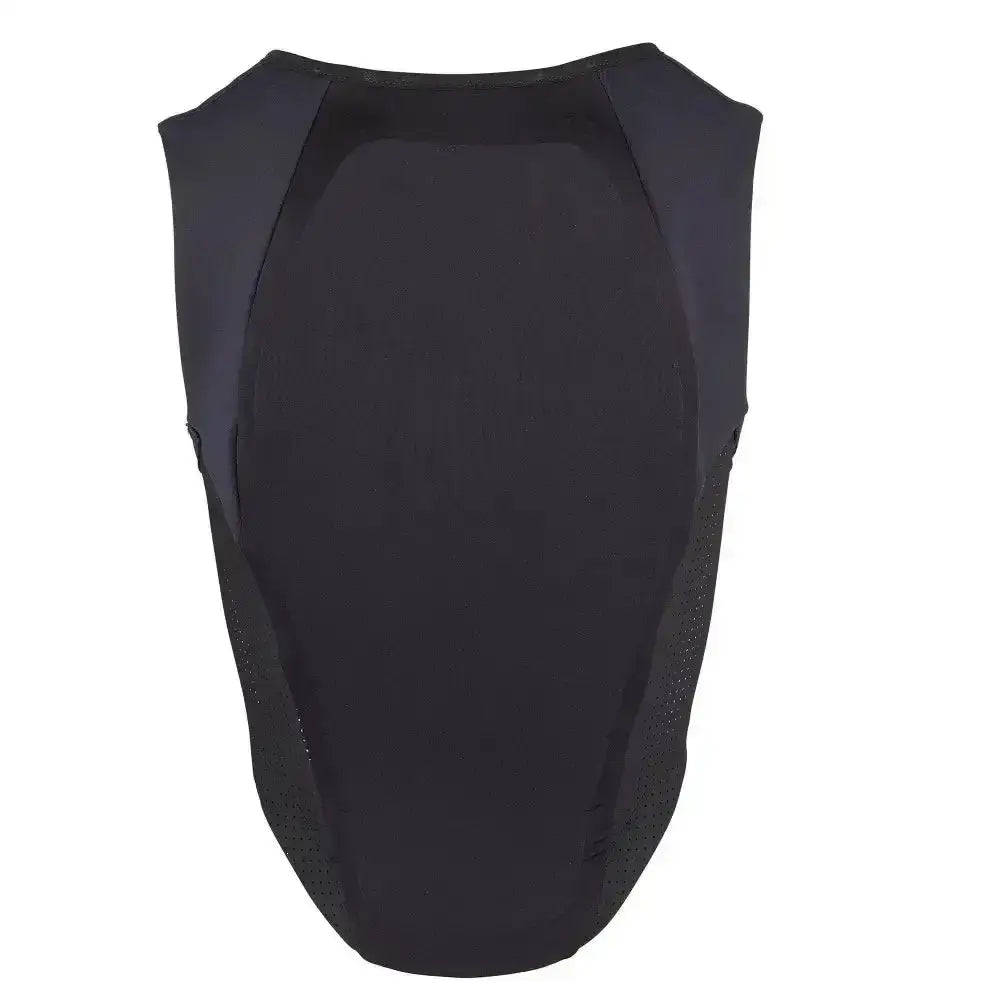 Black sleeveless technical gilet with mesh panels on sides shown from back racesafe motionlite protector young rider