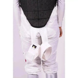 Black quilted back protector with white fabric straps and a small black label showing racesafe prorace leg straps detail