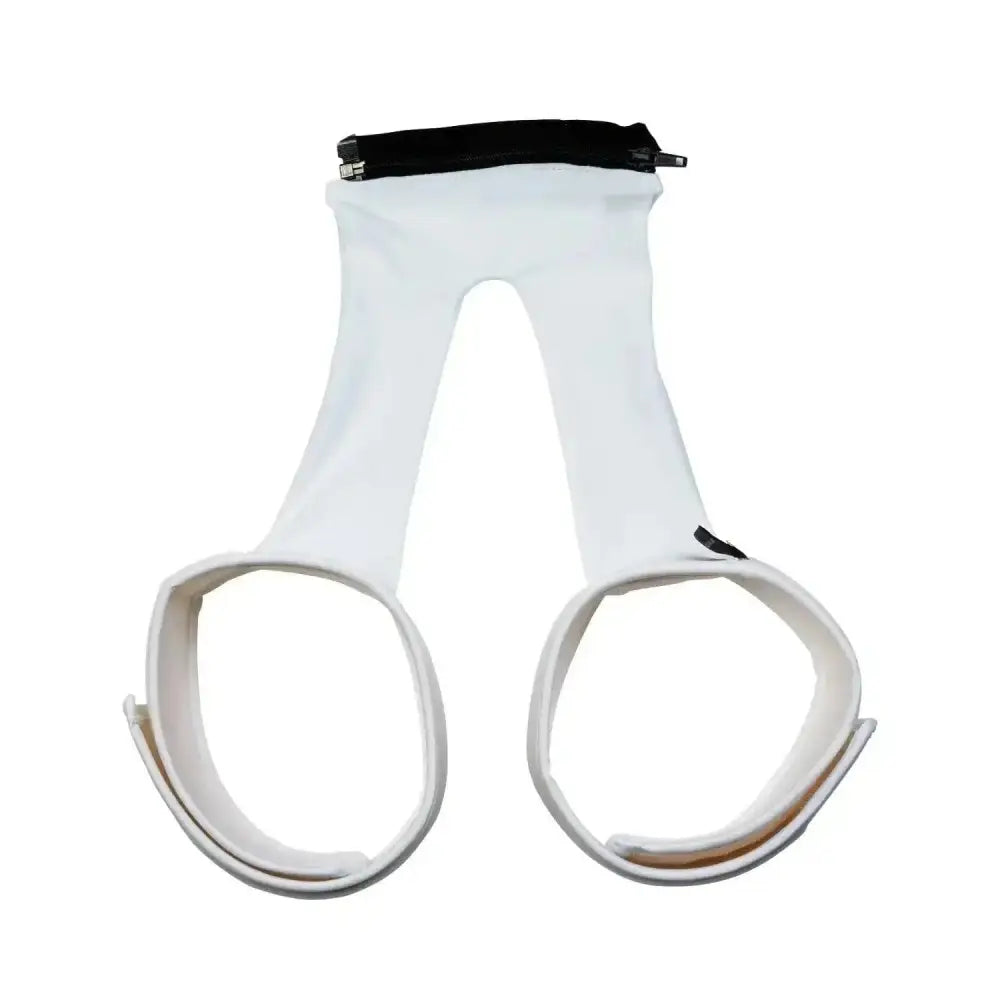 White fabric wrist support with black zipper and adjustable straps from racesafe prorace leg straps for secure fit