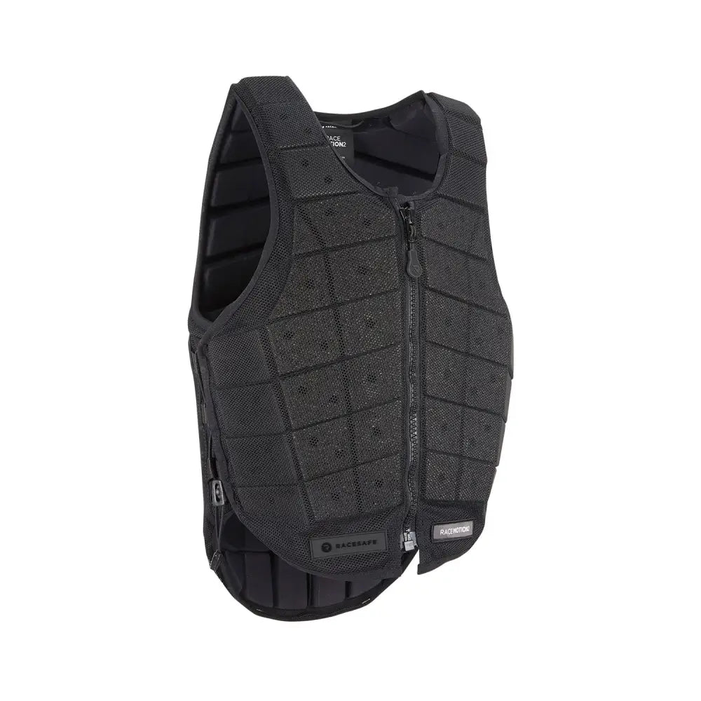 Black padded safety vest with textured mesh fabric and reinforced panels from racesafe racemotion2 national hunt