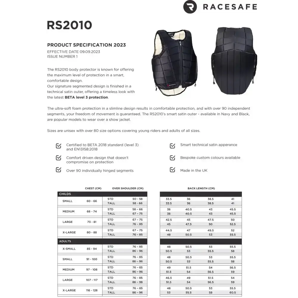 Racesafe RS2010 Adults Body Protector Navy X Small Short Body Protectors