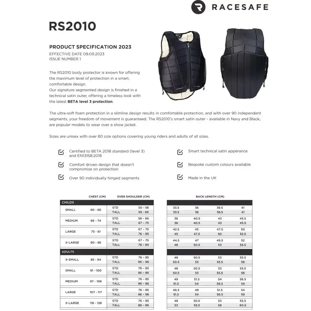 Black racesafe rs2010 adults body protector navy with technical satin outer and ultra-soft foam for comfort