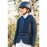 Navy blue quilted racesafe rs2010 adults body protector with black zipper and adjustable straps for safe riding