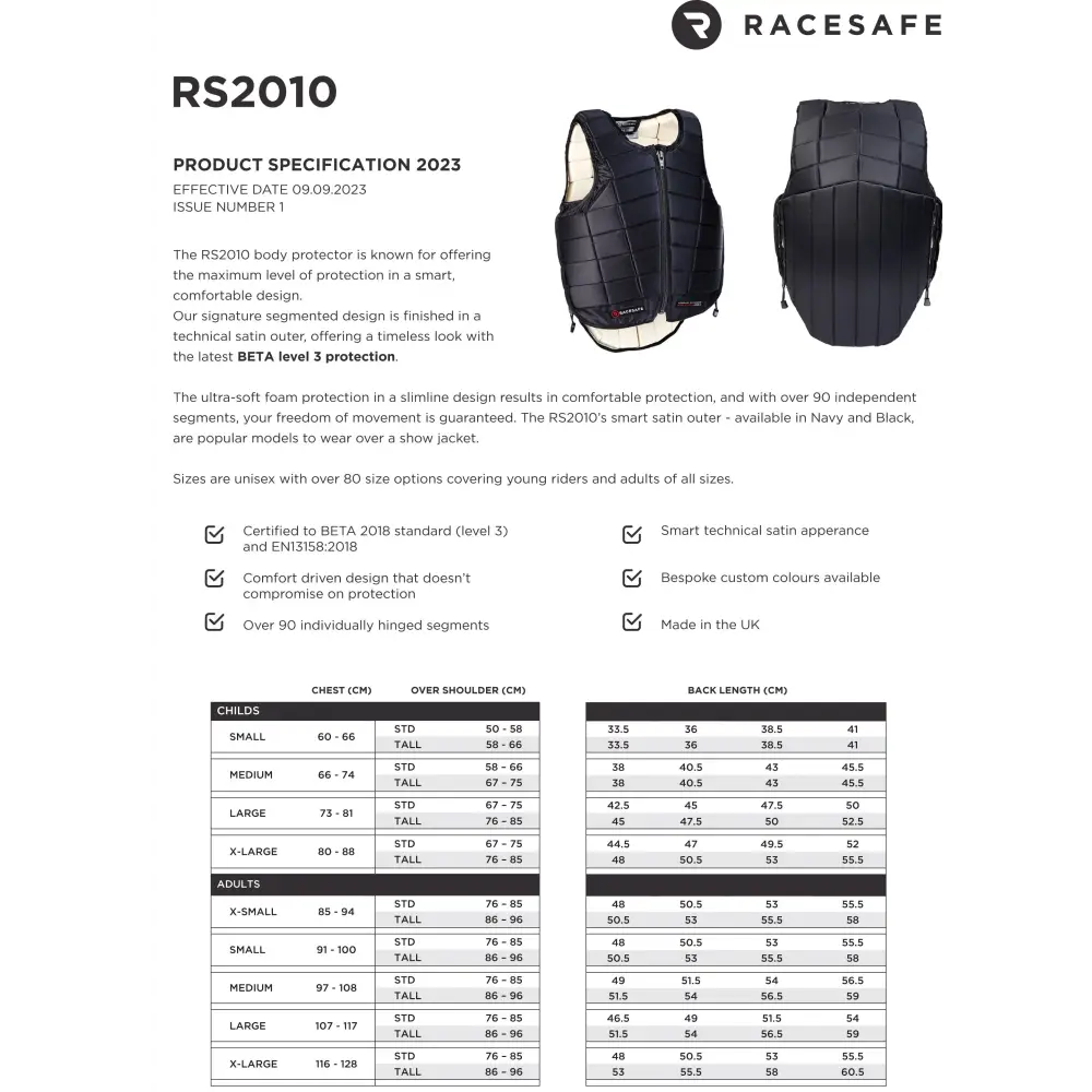 Racesafe RS2010 Adults Body Protector Navy X Small Short Body Protectors