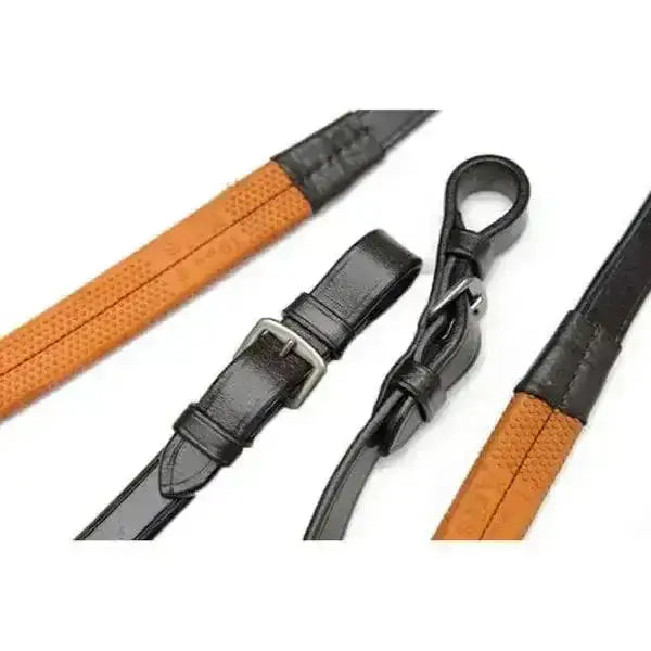 Orange and black full grain leather racing reins with a silver buckle featuring an orange grip buckle design