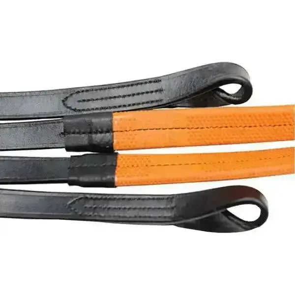 Black and orange leather racing reins orange grip loop with stitched detailing made from full grain leather