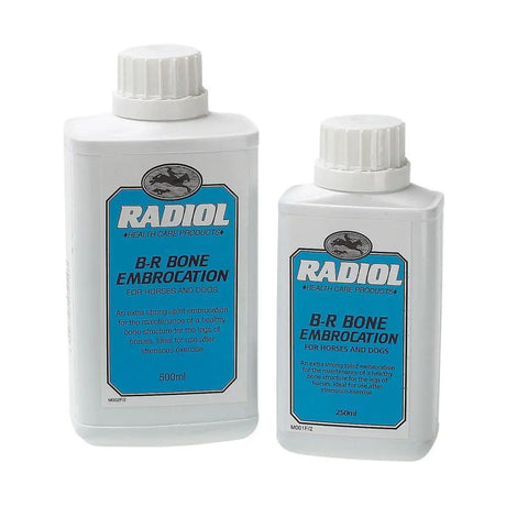 Two white plastic bottles of radiol b-r bone embrocation with blue labels and horse logo in 500ml and 250ml sizes