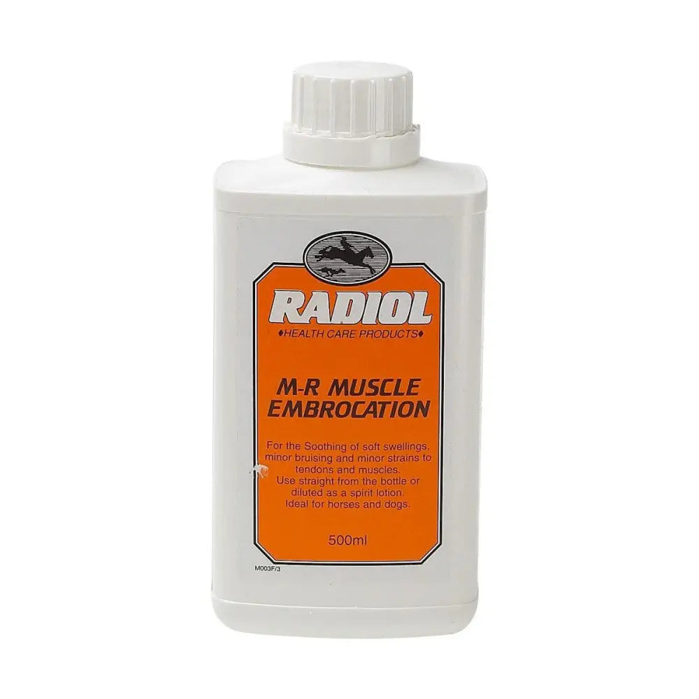 White plastic bottle with orange label of radiol m-r muscle embrocation for minor soft swellings and muscle strains