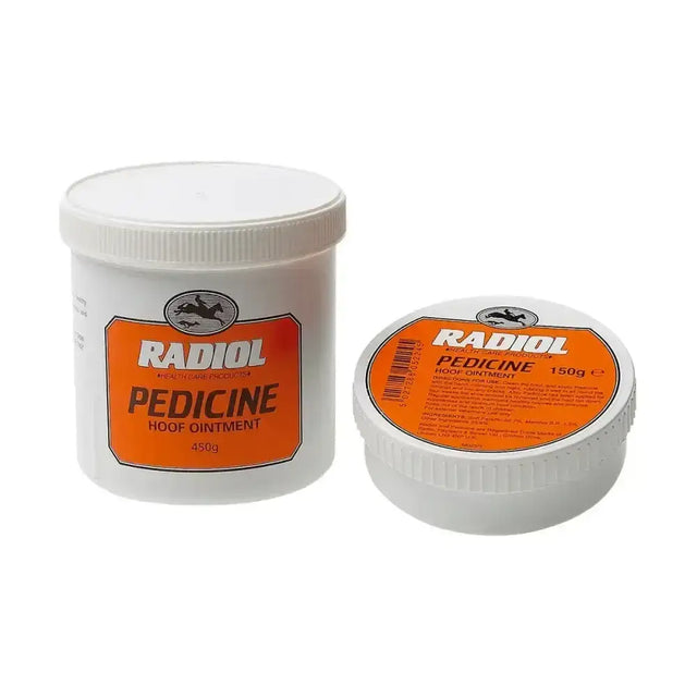 Two white plastic containers of radiol pedicine hoof ointment with orange labels and a black horse logo in 450g and 150g sizes