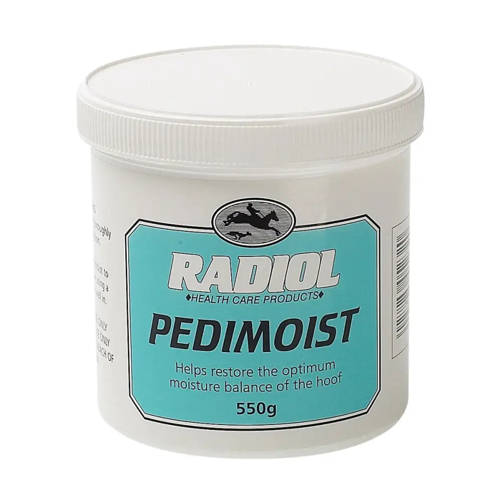 White plastic jar with teal label radiol pedimoist hoof dressing for optimising hoof condition on horses