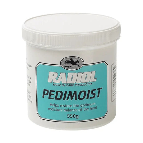 White plastic jar with teal label radiol pedimoist hoof dressing for optimising hoof condition on horses