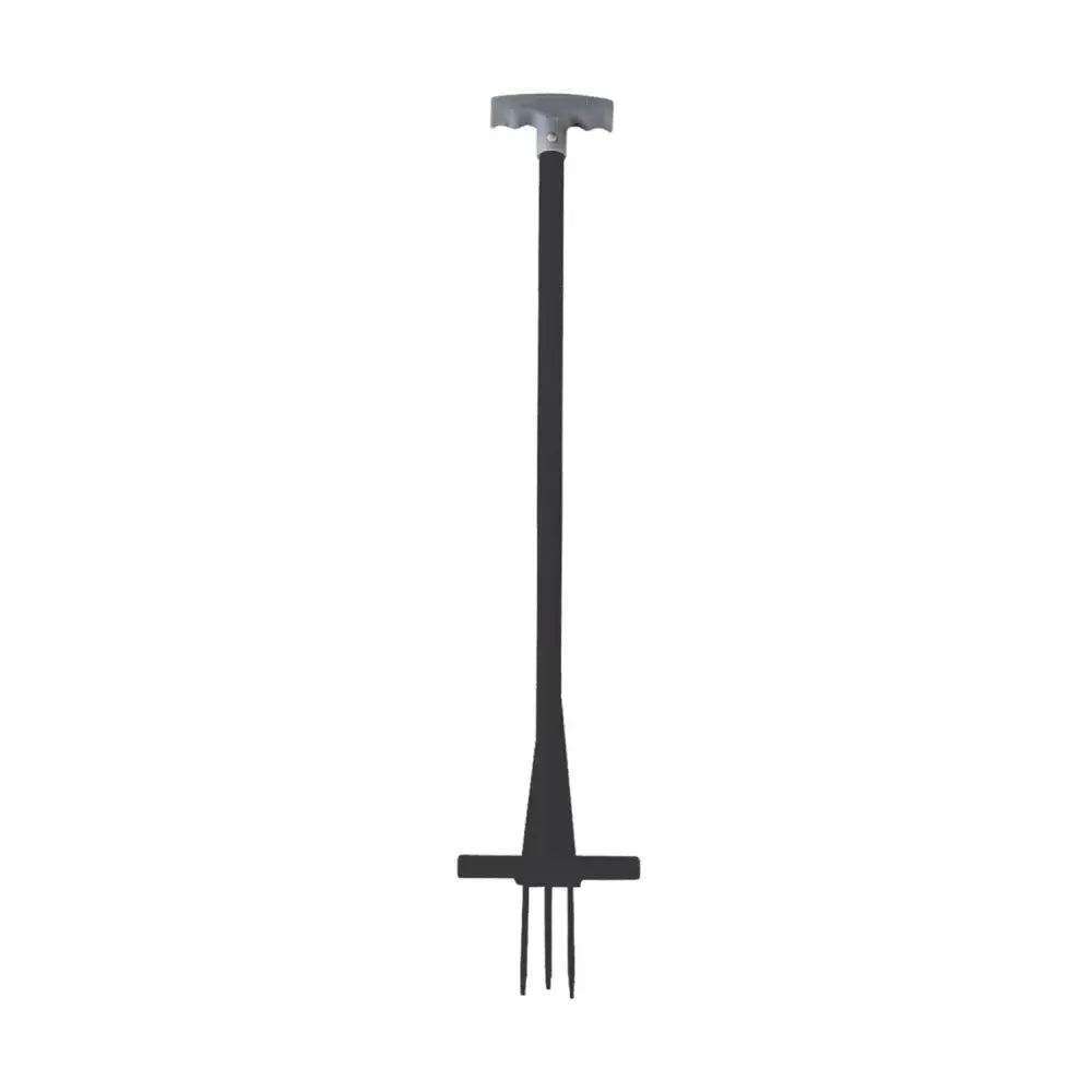 Black metal rag-fork with gray plastic handle and three prongs perfect for paddock weeds quickly and remove ragwort