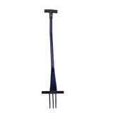Dark blue metal rag-fork with t-shaped handle and three prongs designed to remove ragwort and paddock weeds quickly