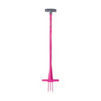 Rag-fork bright pink metal gardening fork with gray t-shaped handle and three prongs to remove ragwort fast