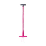 Rag-fork bright pink metal gardening fork with gray t-shaped handle and three prongs to remove ragwort fast